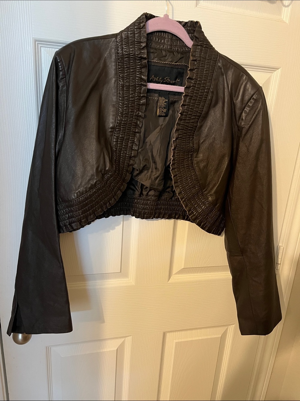 Ashley Stewart Brown Cropped Ruched Leather Jacket
